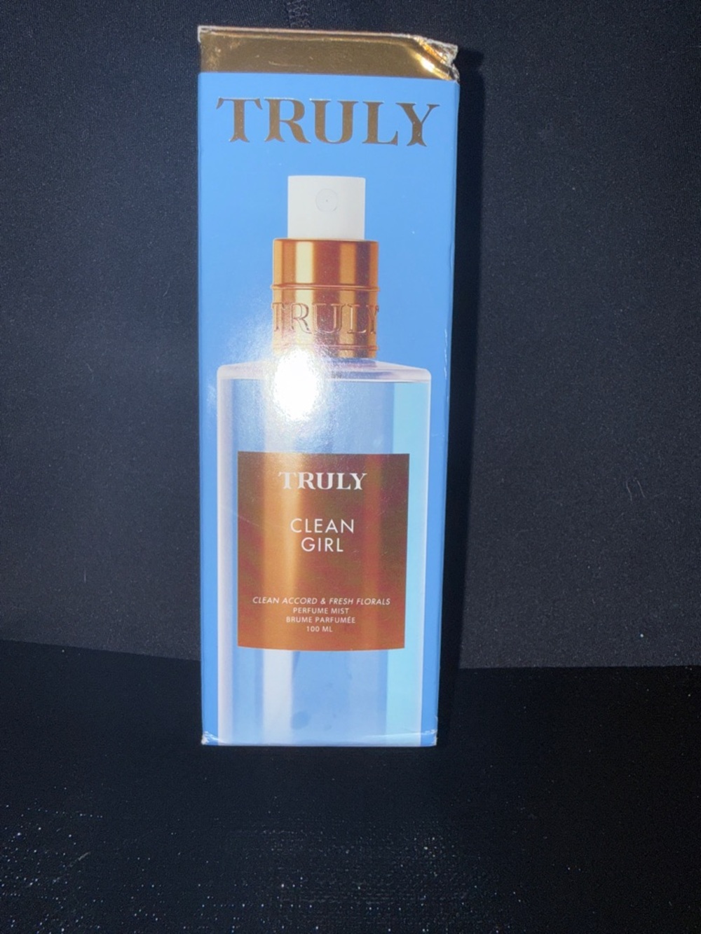 Empty TRULY Clean Girl Perfume Mist - Light Blue with Gold Accents